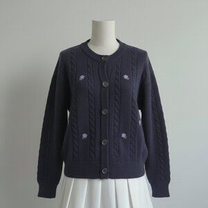 Navy Cable Knit Cardigan with Embroidered Flowers